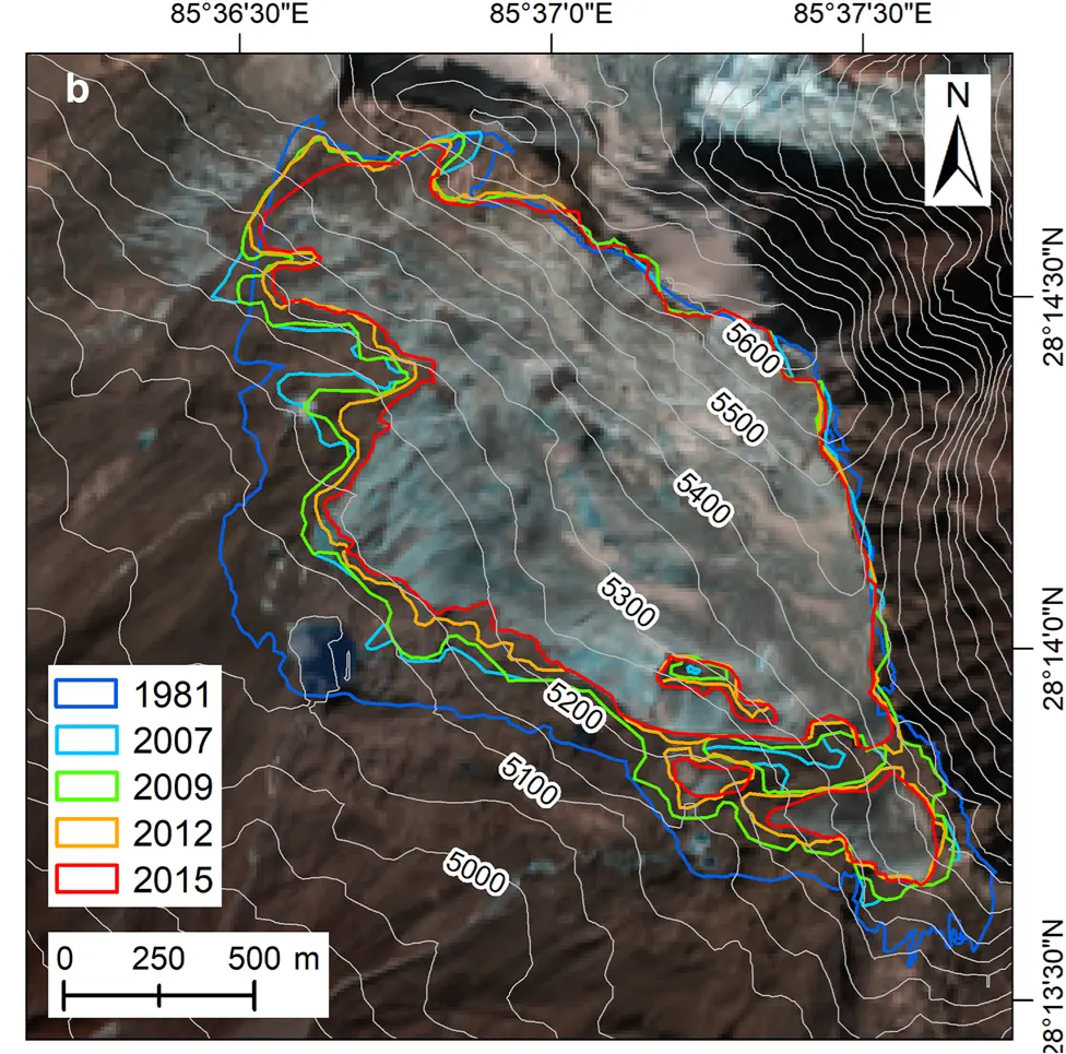 A satellite picture of a glacier on a brown mountainside, with colored outlines drawn round it: a dark blue outline for 1981 reaching farthest down the slope, and lighter blue, green, orange and red outlines inside it for later years, with white height contours labeled 5000 to 5600 m
