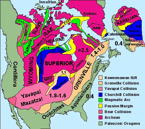 A map of North America and Greenland colored by the age of the rock underneath: pink in the middle around Hudson Bay, with green, blue, salmon and orange belts around it, and gray-green along the east and west edges