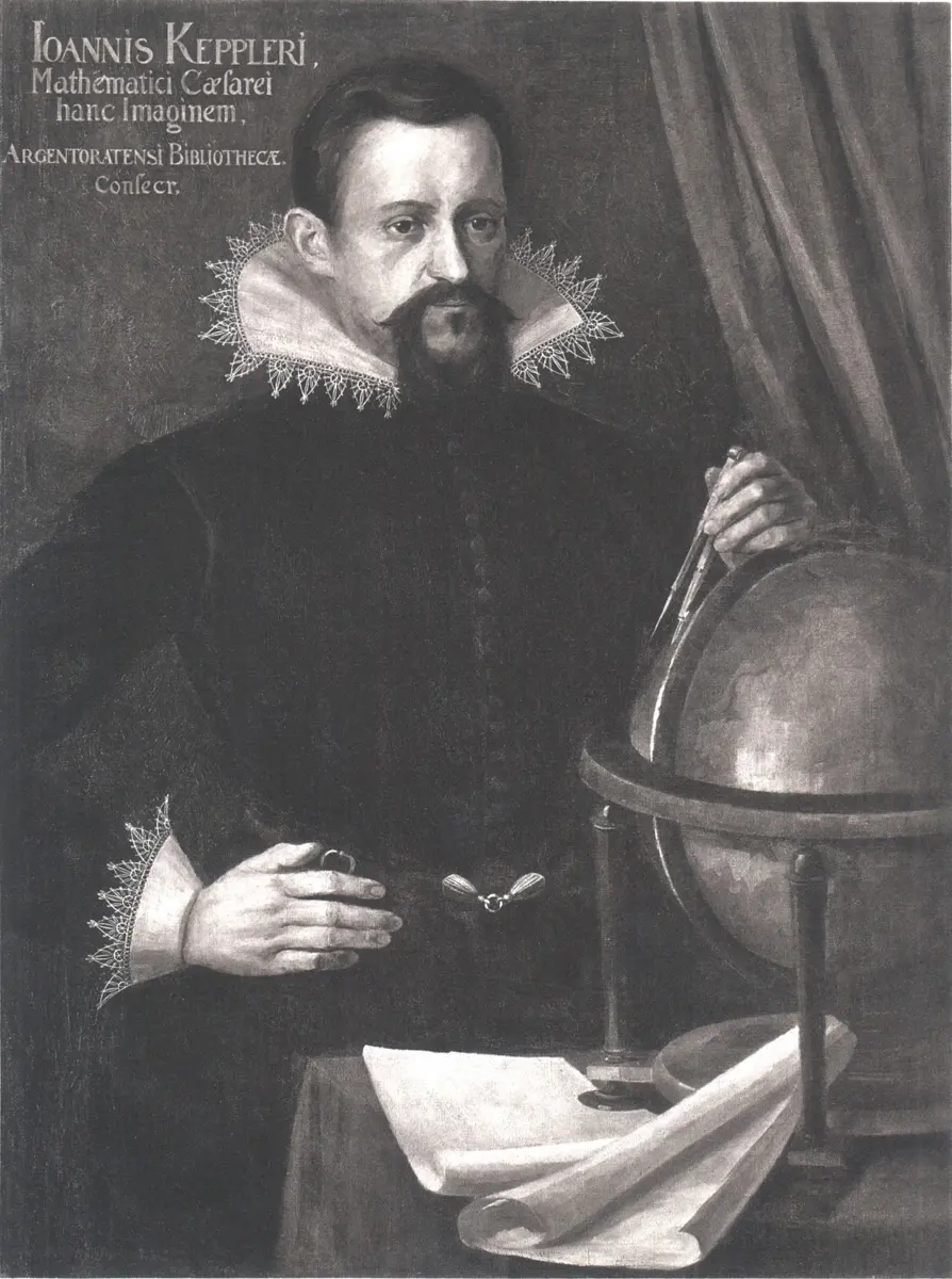 A painted portrait of a man with a mustache and a pointed beard and a wide white lace collar, holding a pair of dividers over a globe