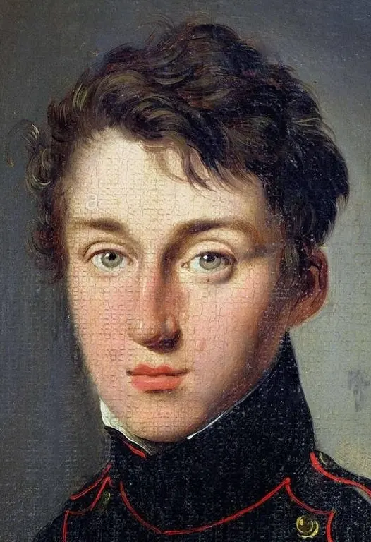 A painted portrait of a young man with dark curly hair, in a dark coat with a high collar