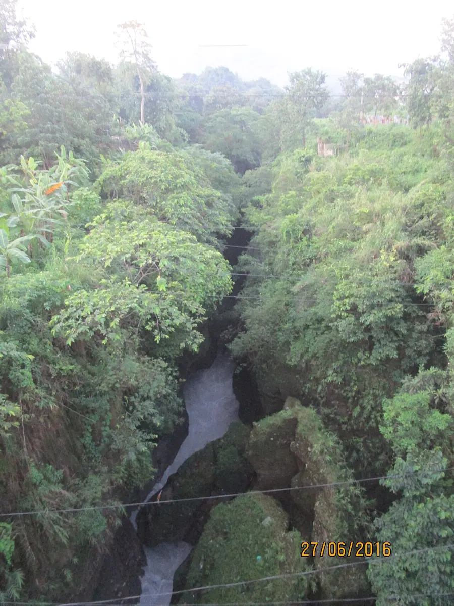Looking down from a bridge into a deep, narrow gorge thick with green trees, with milky white water rushing through the bottom