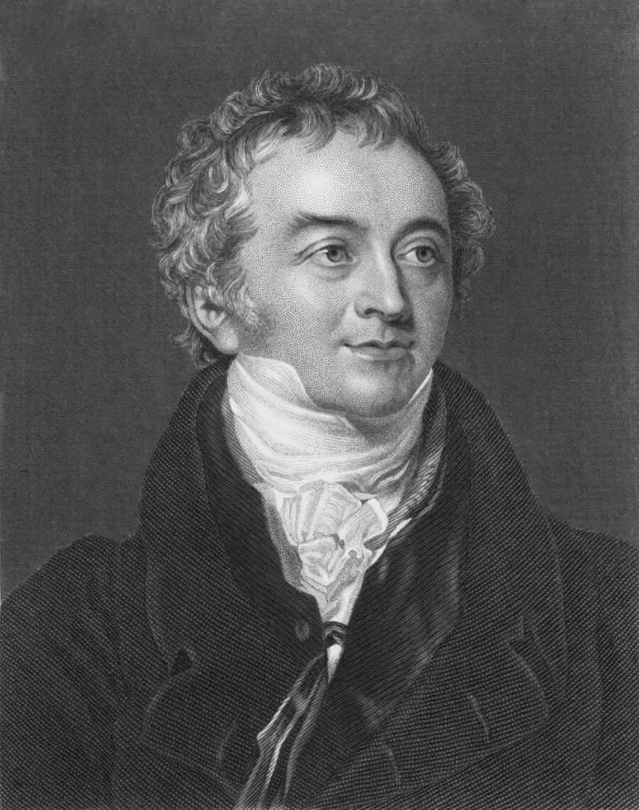 An engraved portrait of a man with curly hair, in a dark coat with a high white collar and cravat