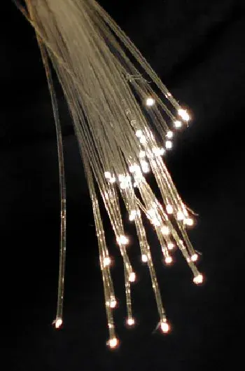 A bundle of thin glass fibers glowing with light at their tips