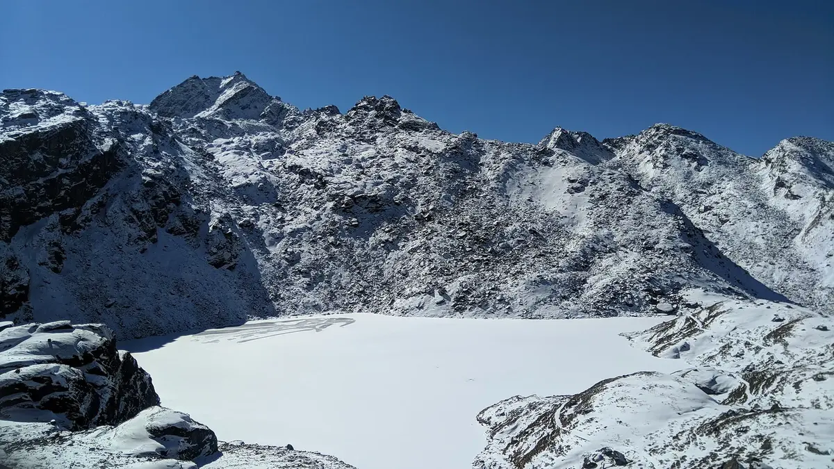 A lake covered in white ice and snow, surrounded by rocky, snow-covered mountains under a blue sky
