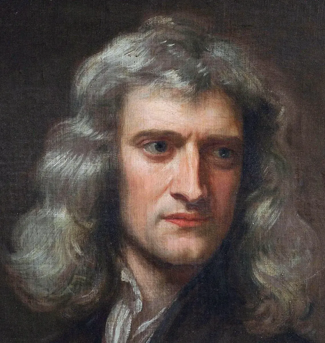 A painted portrait of a man with long gray-brown hair in a dark coat
