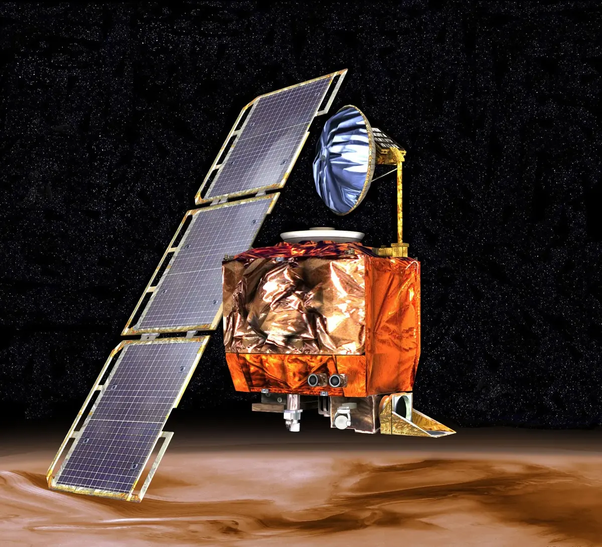 An artist’s drawing of a spacecraft with a large solar panel above the reddish planet Mars