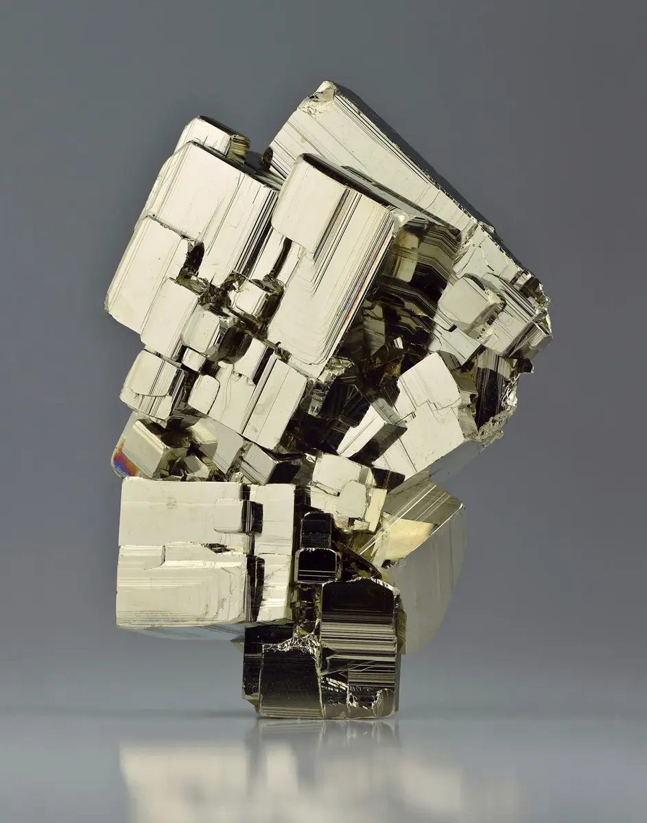 A cluster of shiny, brassy, gold-colored cube-shaped crystals of pyrite