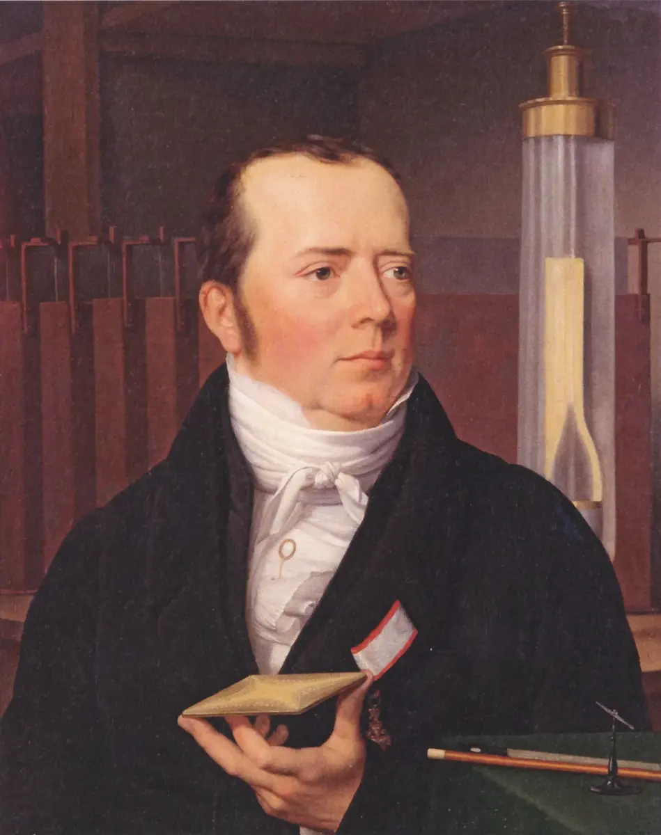 A painted portrait of an older man with gray hair in a dark coat with a high white collar