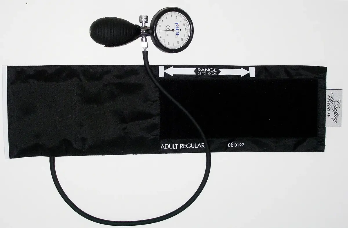 A blood pressure meter: a black cloth cuff with a rubber tube, a black squeeze bulb and a round dial gauge
