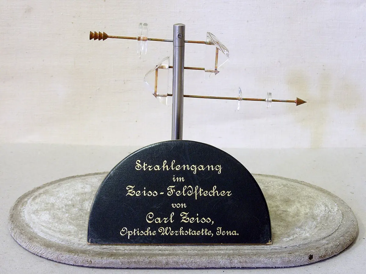 An old teaching model on a stand: a copper rod shaped like an arrow passes through a lens into a glass prism, turns back through a second prism, and comes out through two more lenses at the other end