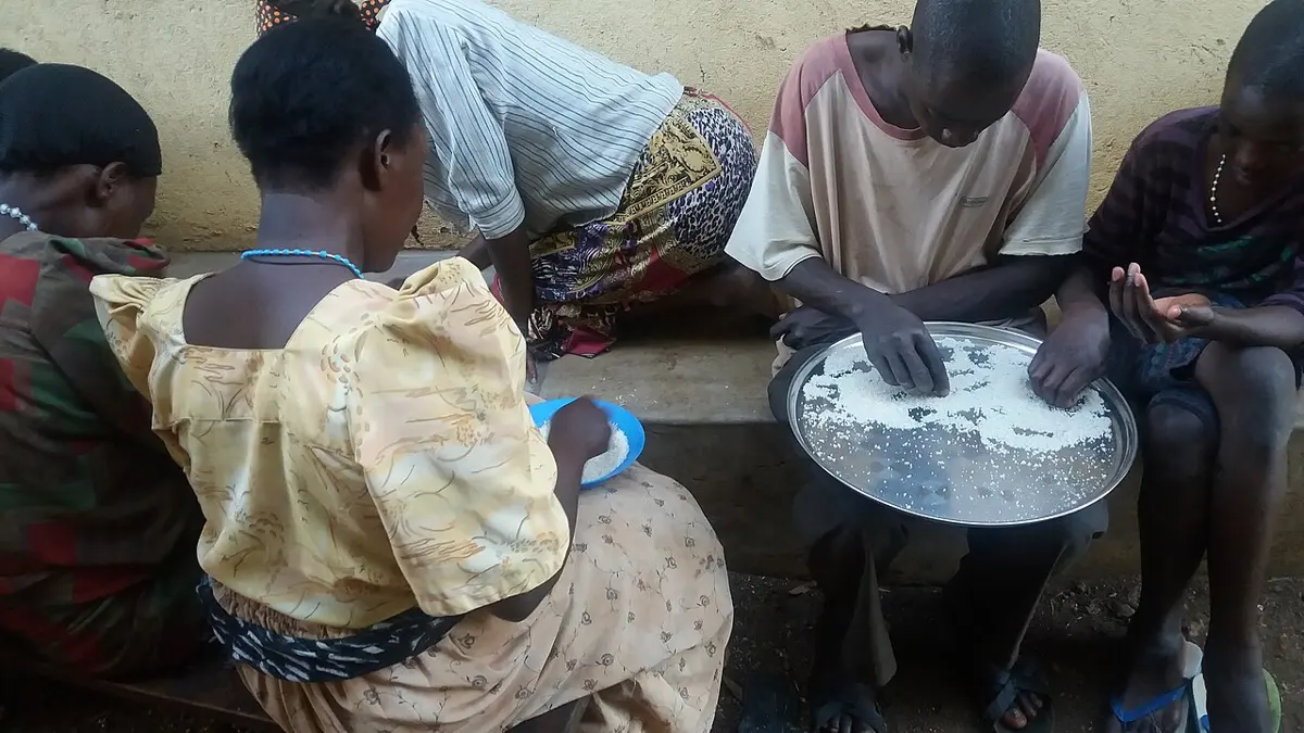 People sitting on a step, picking bits out of rice spread thin on a large metal tray