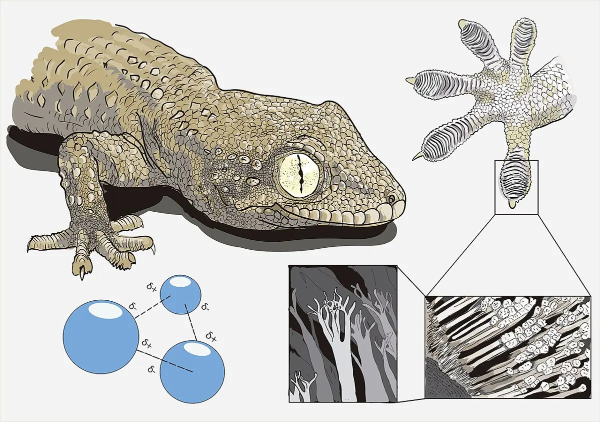 A drawing of a gecko with a big eye, its toe pads zoomed in step by step to show rows of flaps covered with tiny branching hairs