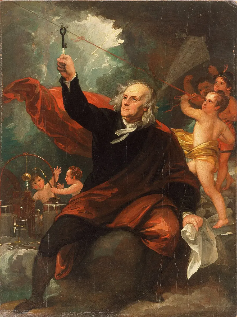 A painting of an old man with long white hair, in a dark coat and a red cloak, sitting in the clouds and holding up a key that hangs from a kite string, while small winged children help with the kite and lightning flashes behind