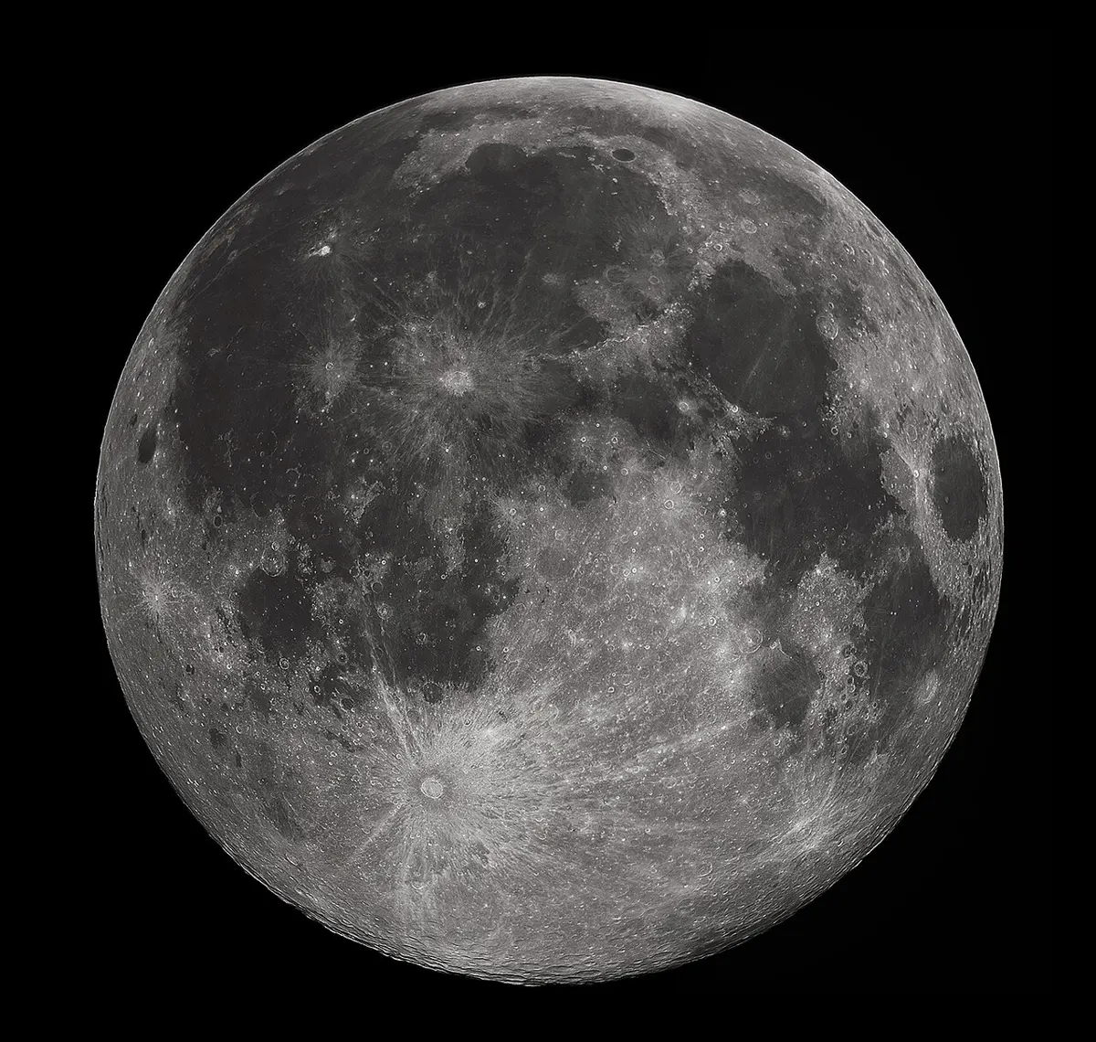 The full Moon: a gray disc with bright rough highlands and darker smooth patches