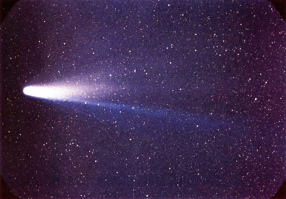 A fuzzy bright head with a long, faint, streaming tail against a starry sky