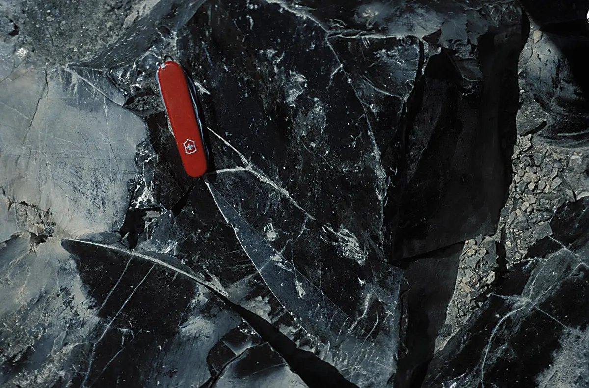 A black, glassy lump of rock with smooth curved faces that shine