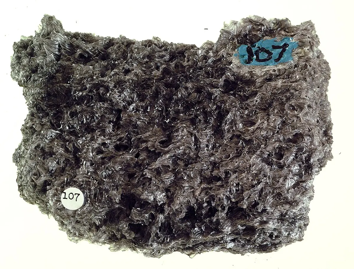 A dark gray, frothy lump of rock riddled with tiny holes