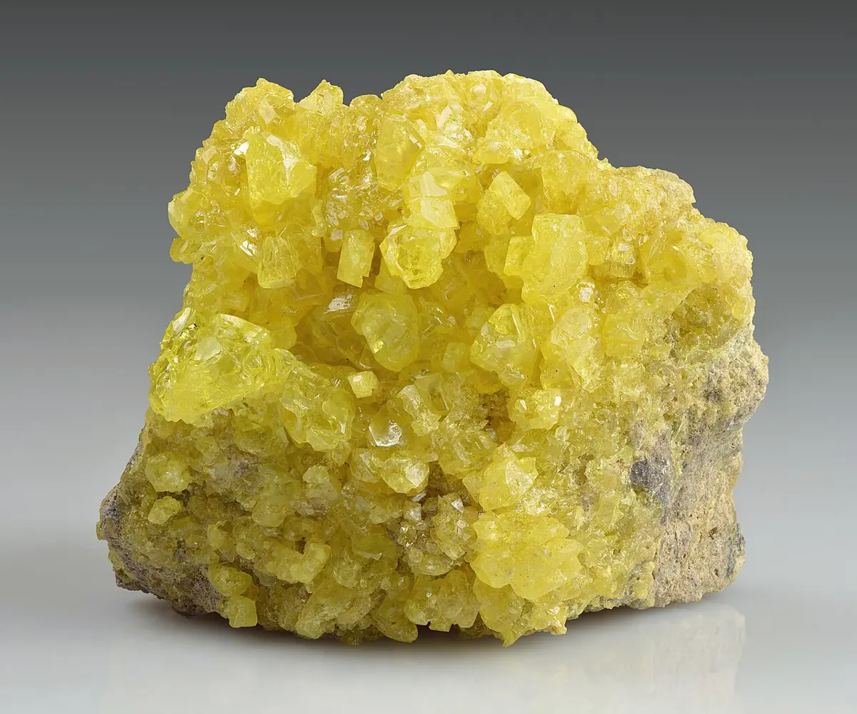 A cluster of glassy, bright yellow sulphur crystals