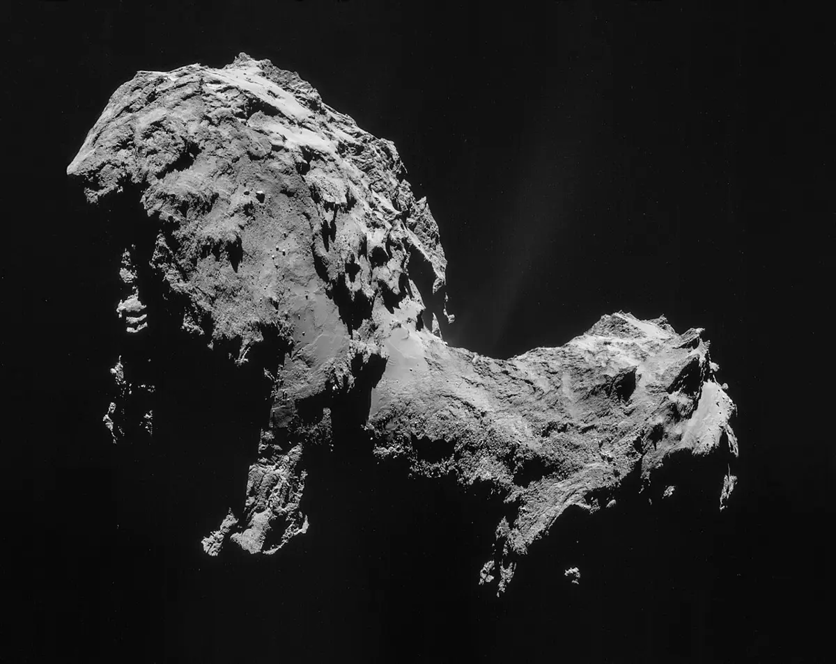 A dark gray, rubber-duck-shaped lump of rock and ice with jets of dust streaming from it