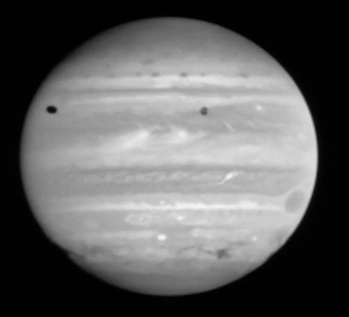 Jupiter's striped face in black and white, with a row of dark spots across one band