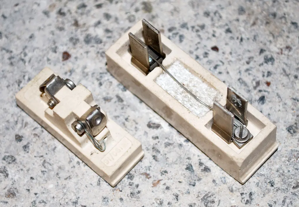 Two white porcelain fuse carriers; a thin fuse wire runs between the metal contacts of each