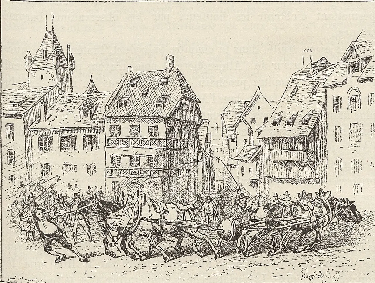 An old drawing of a town square, where two teams of horses pull in opposite directions on ropes tied to a metal ball in the middle, watched by a crowd