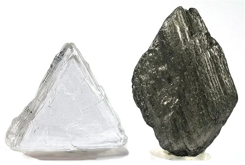 Two crystals side by side: a clear, glassy diamond crystal and a dark gray, flaky lump of graphite