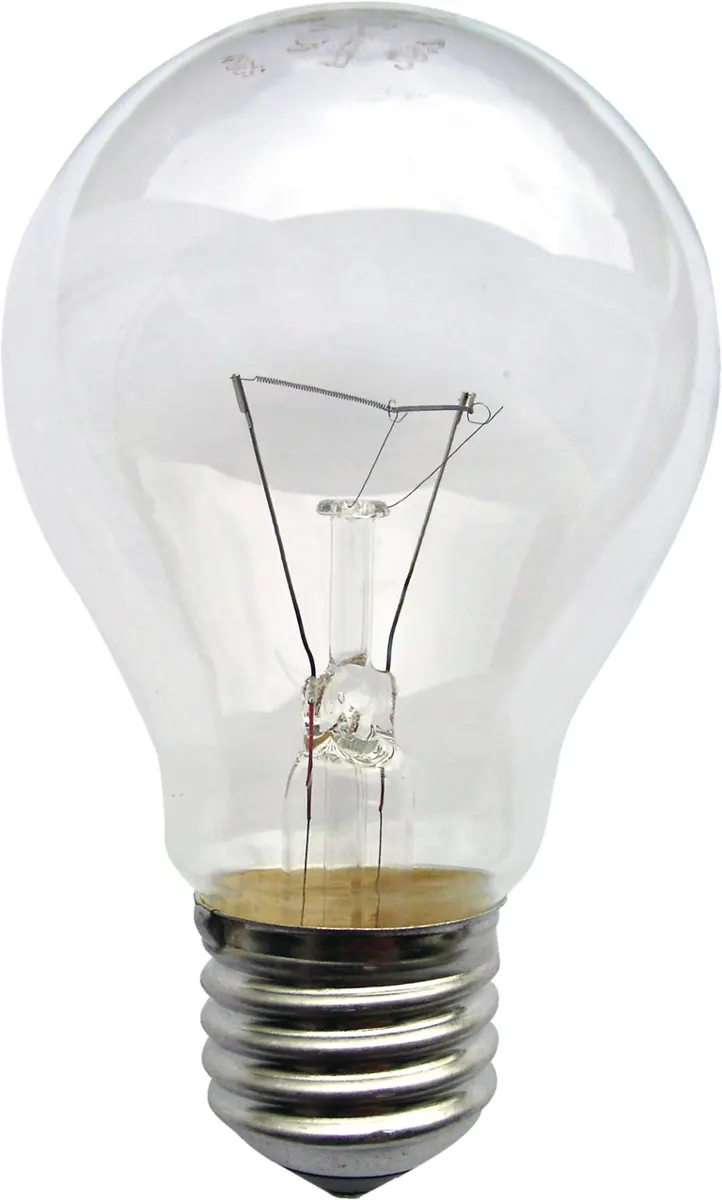 A clear glass light bulb, switched off, with a tiny coiled filament held between two support wires