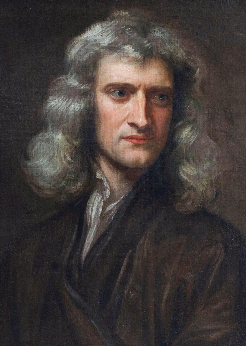 A painted portrait of Isaac Newton in middle age, with long gray hair, in a dark gown
