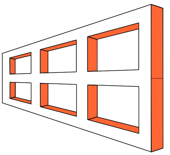 A window frame shaped like a trapezoid, with painted shadows