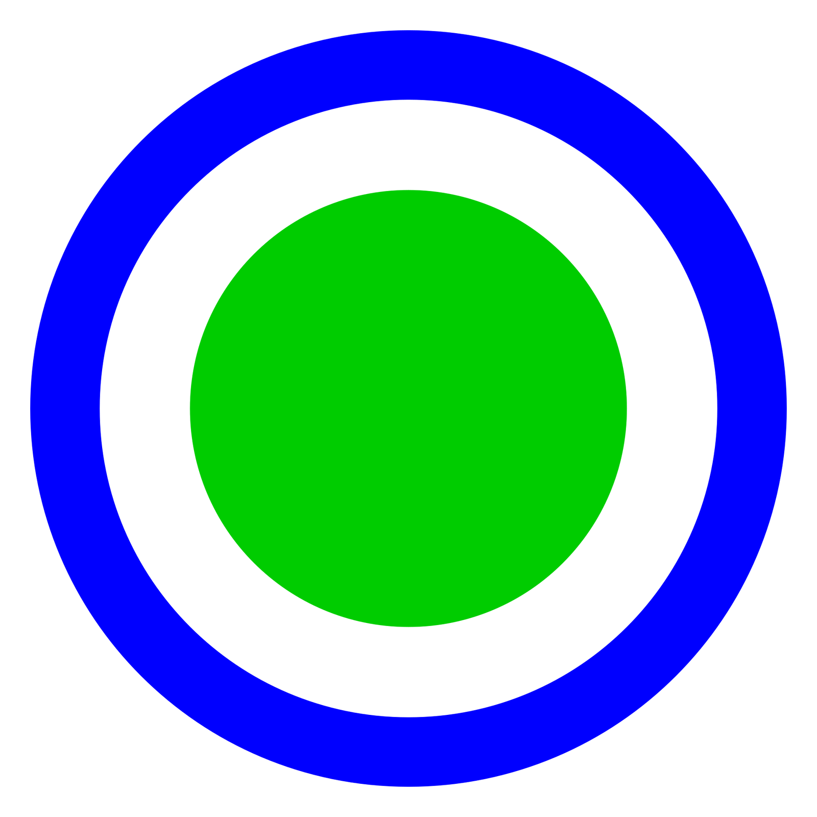 A green disc inside a white ring inside a blue ring