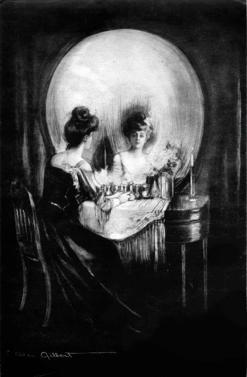 An old drawing of a woman at her dressing table, looking into a round mirror