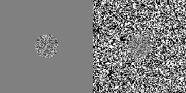 A patch of speckled texture on plain gray, next to the same patch inside a strongly speckled background