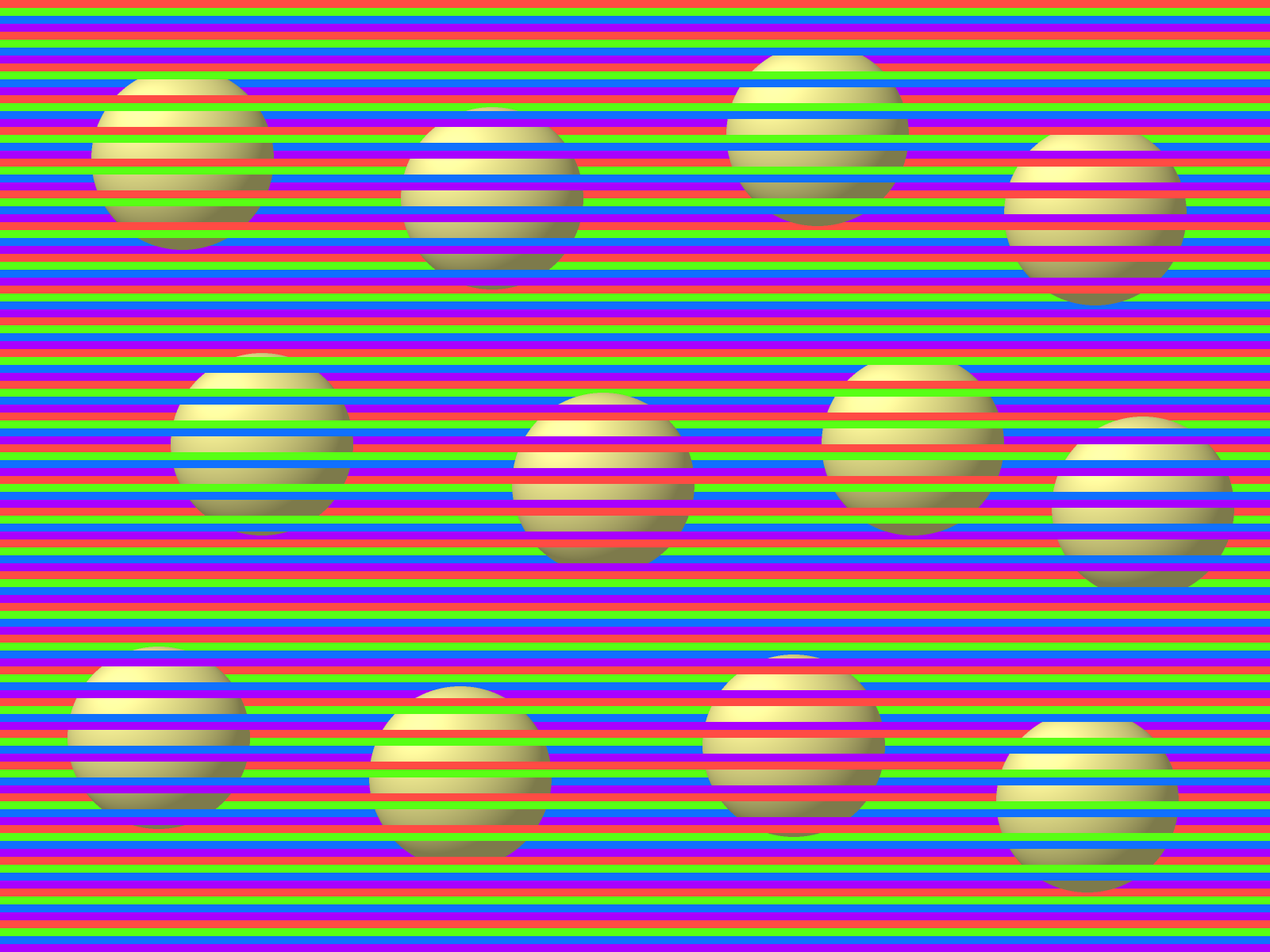 Stripes of red, green, blue and purple, with twelve balls that look yellow, green, blue, purple and orange