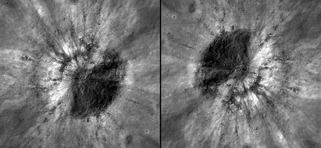 The same photo of a crater on the Moon twice, the second turned upside down