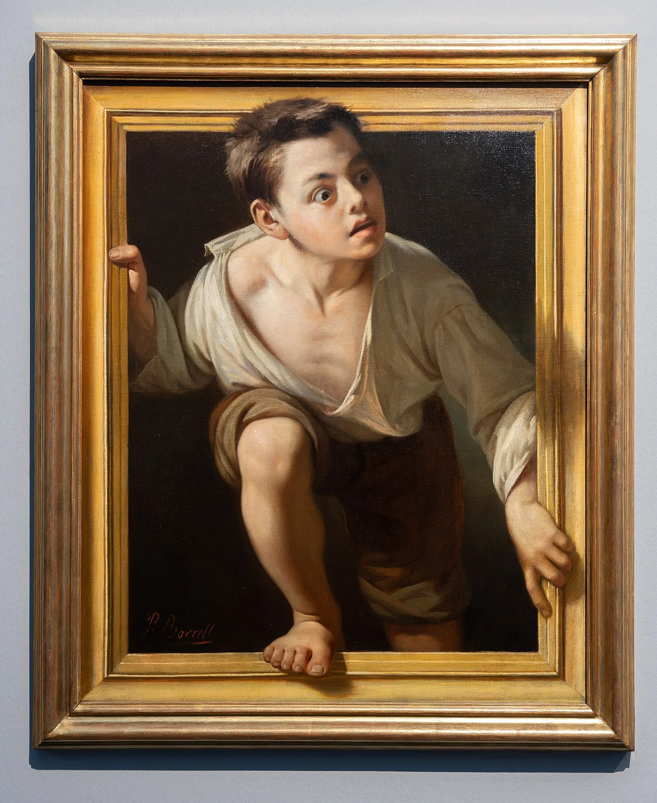 A painting of a boy climbing out of a picture frame