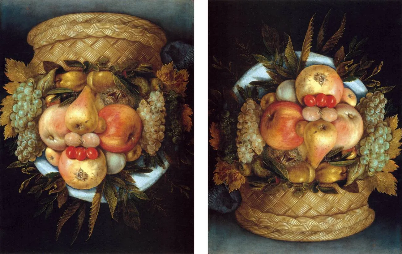 A painting of a basket of fruit, and the same painting upside down, which is a face