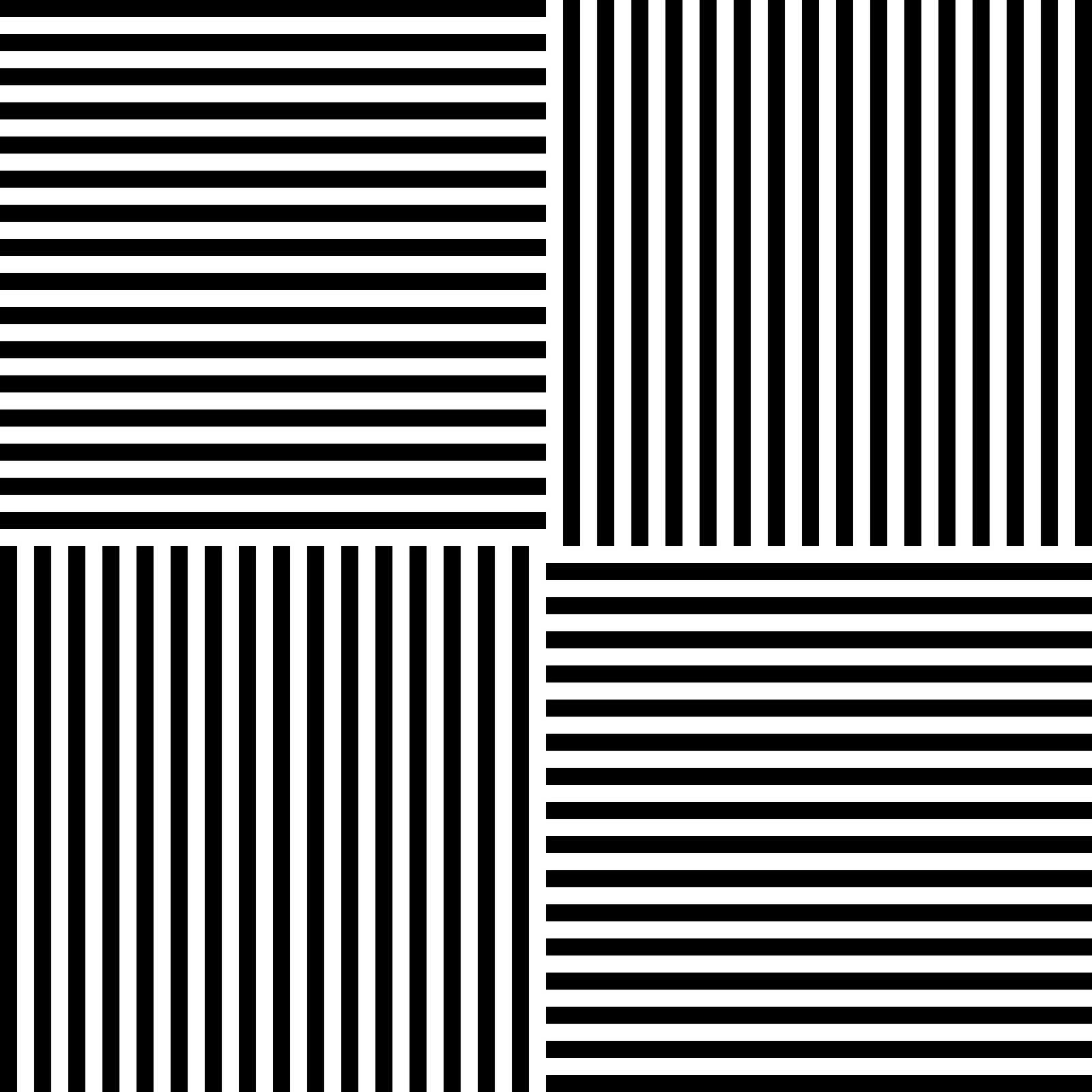 Black and white stripes, horizontal and vertical, in four squares