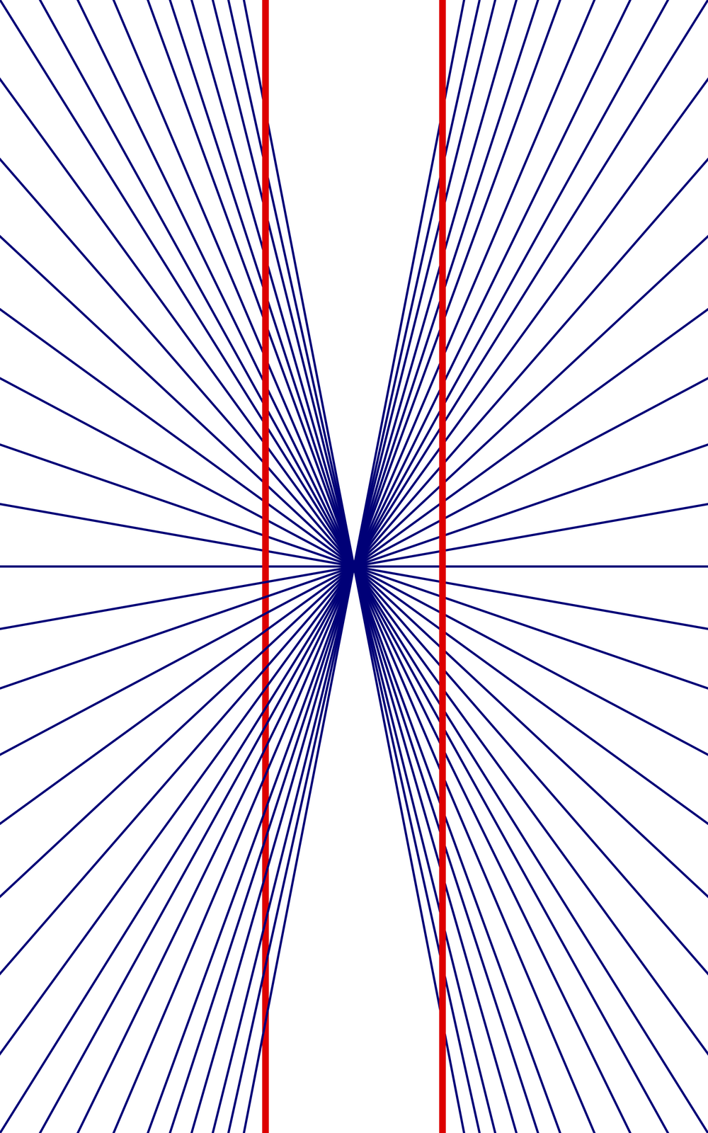 Two straight red lines in front of rays spreading out from the center