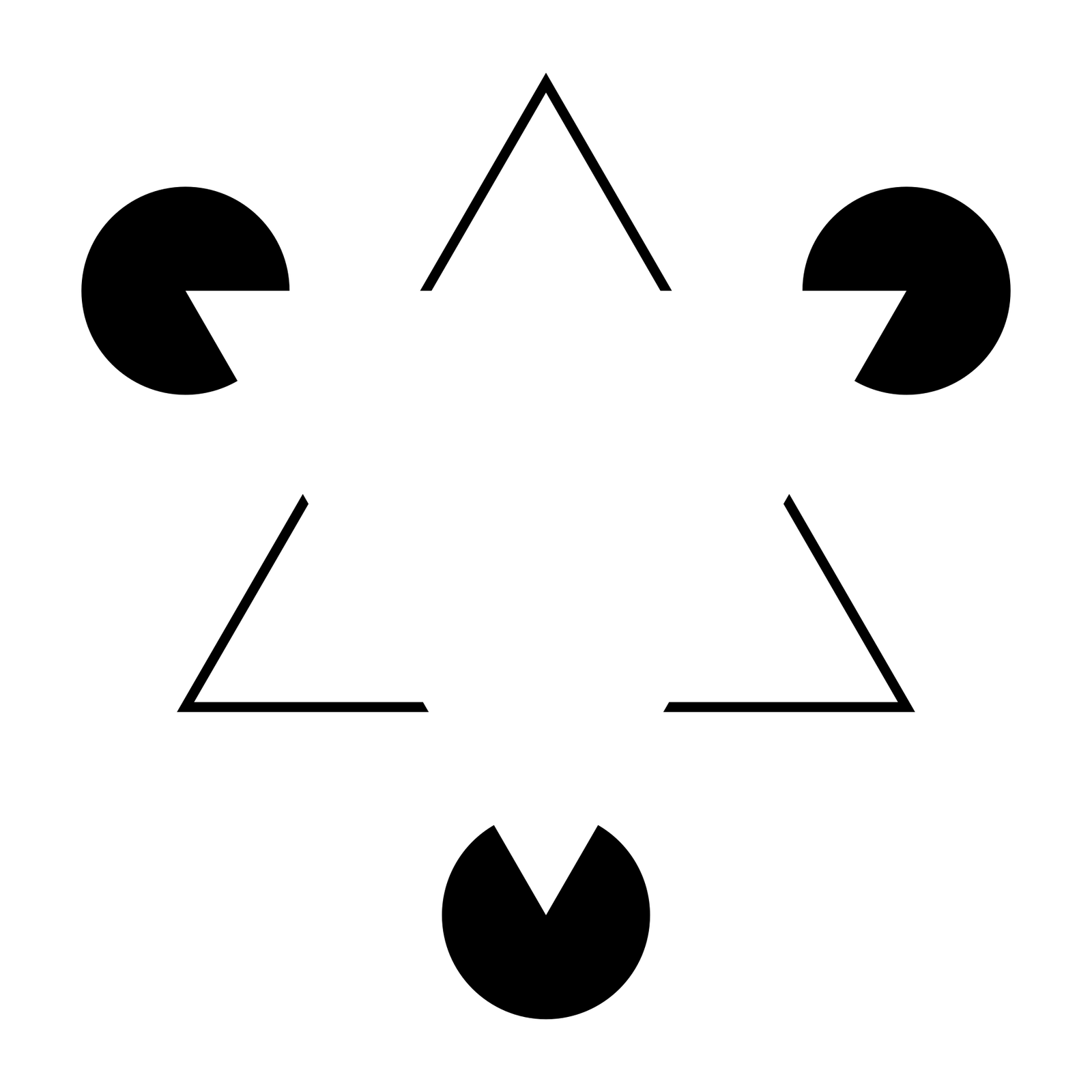 Three black circles with a slice missing and three corners of a triangle outline