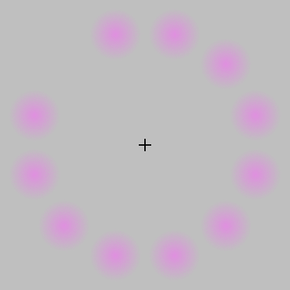 A ring of blurry pink dots around a cross, one dot disappearing at a time
