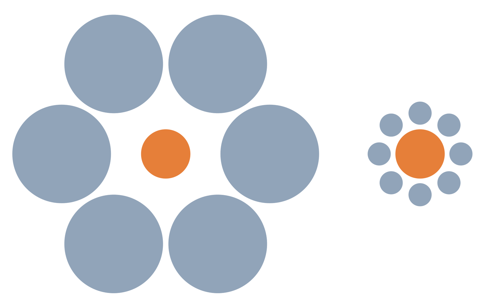 An orange circle ringed by big gray circles, and an orange circle ringed by small gray circles