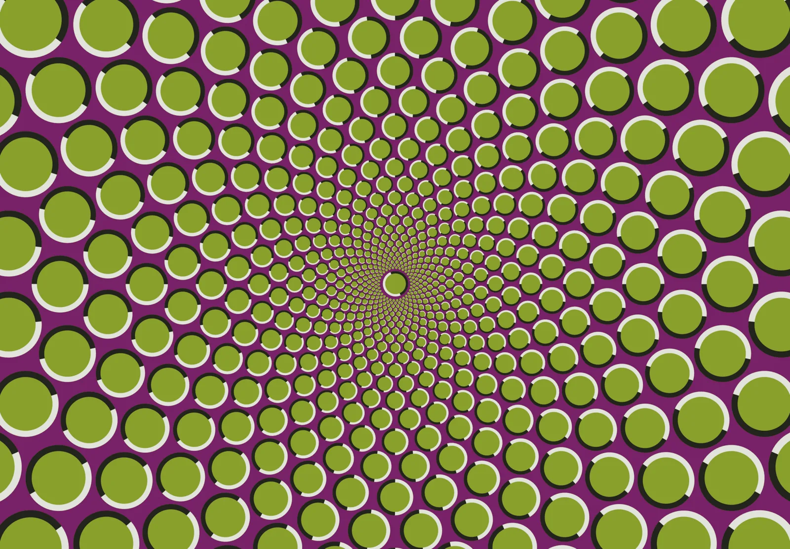 Green dots with light and dark edges on purple, arranged in a spiral star