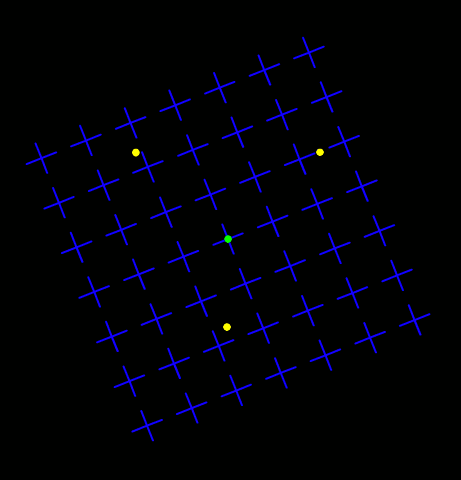 A turning grid of blue crosses on black, with three yellow dots and a green dot in the middle