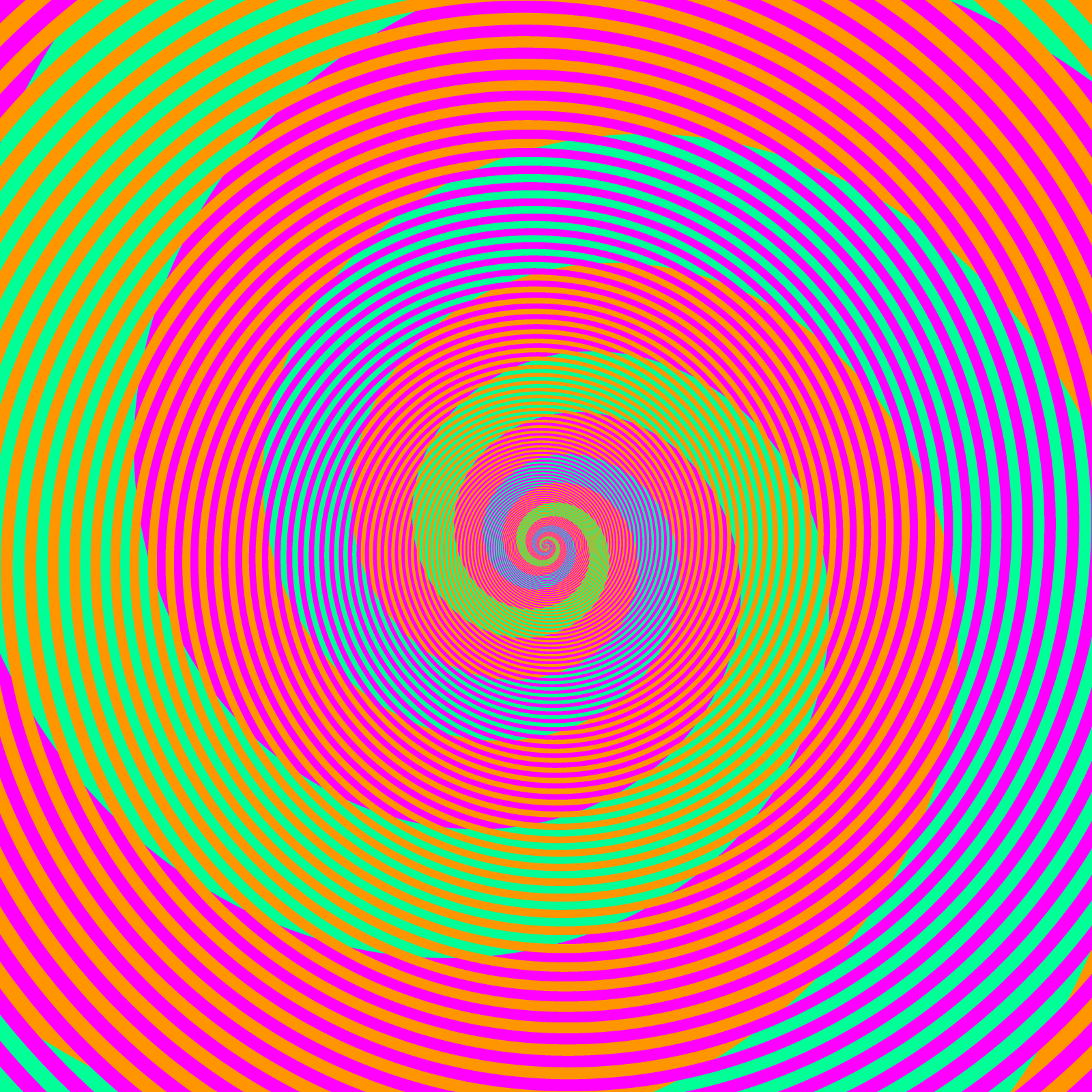 Thin orange and magenta stripes winding round, and two broad arms curling into the middle, one green and one blue
