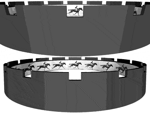 A spinning drum with slits, with photos of a galloping horse inside