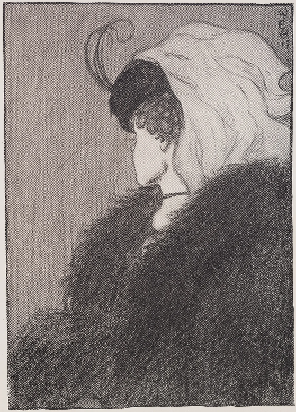 A drawing of a woman that can be seen as a young woman looking away or an old woman in profile