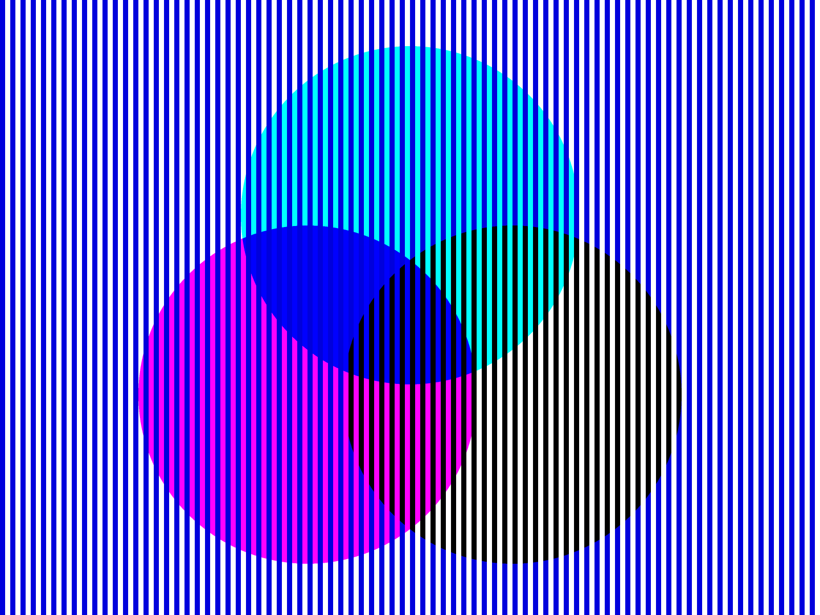 Three overlapping circles behind blue stripes: one looks cyan, one magenta, one yellow