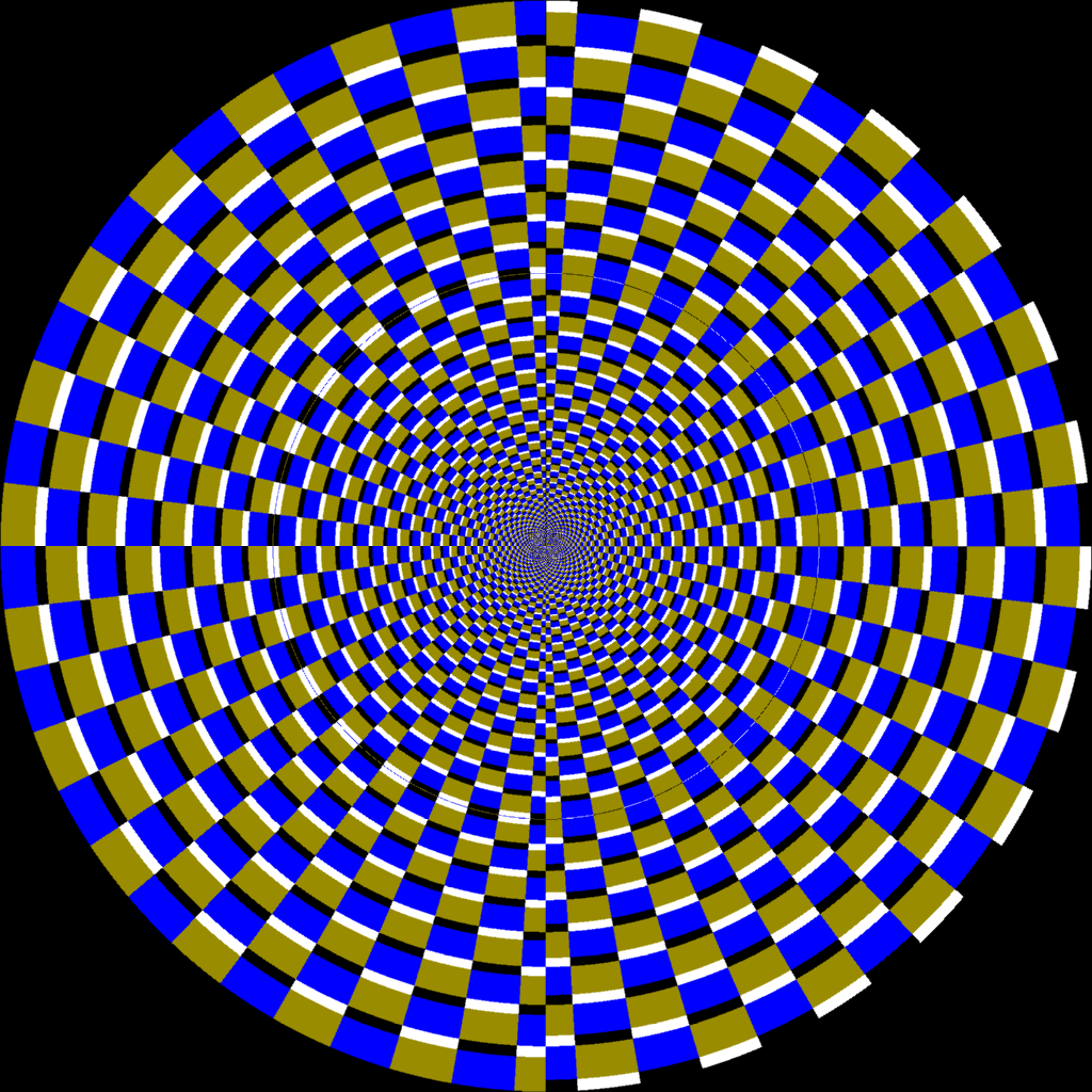 A disc of blue and yellow checks twisting into the center