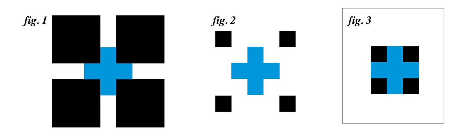 Three blue crosses: one between four big black squares, one among four small squares, and one on a small black square in a frame